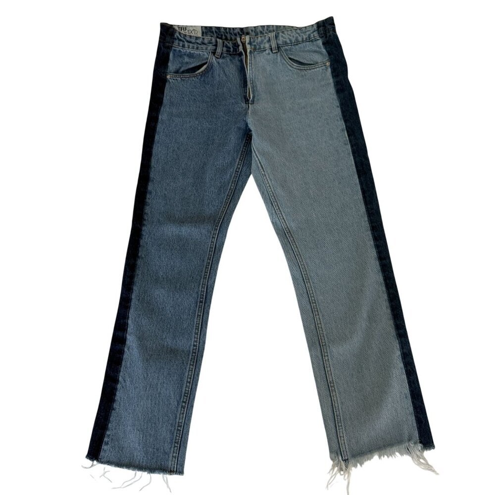 Zara Trf Denim Two Tone Raw Hem Distressed Straight Leg Jeans - Picture 1 of 8